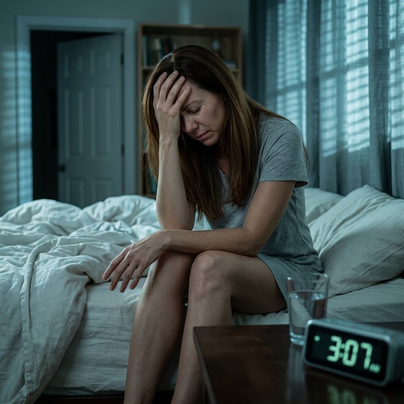 A woman lying awake at night, unable to sleep.